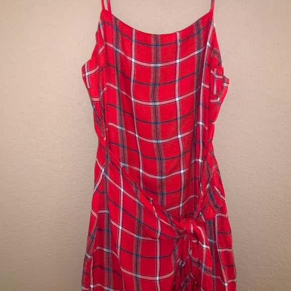 Cotton Candy Red Plaid Tie Waist Mini Dress - Picture 4 of 8